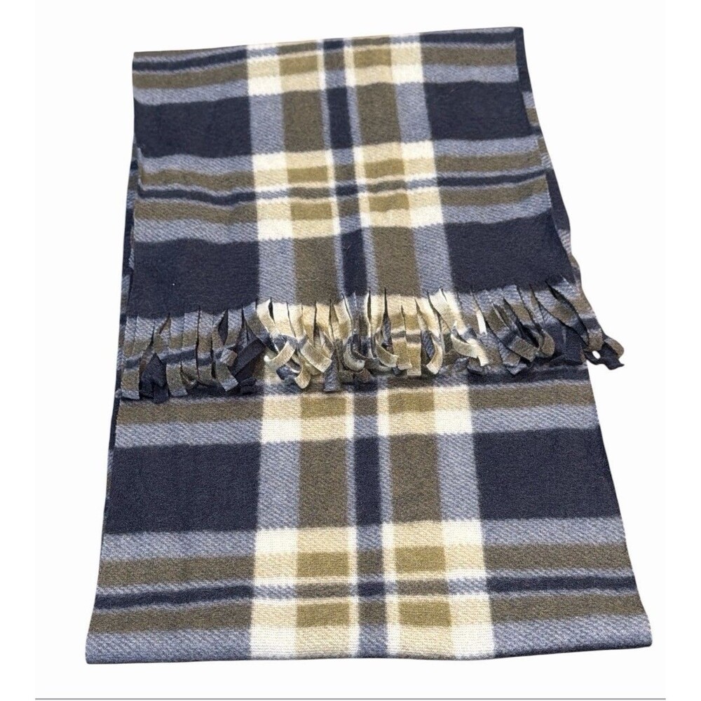Old Navy Mens Plaid Flannel Scarf One Size Blue White Plaid Fringe 10x52